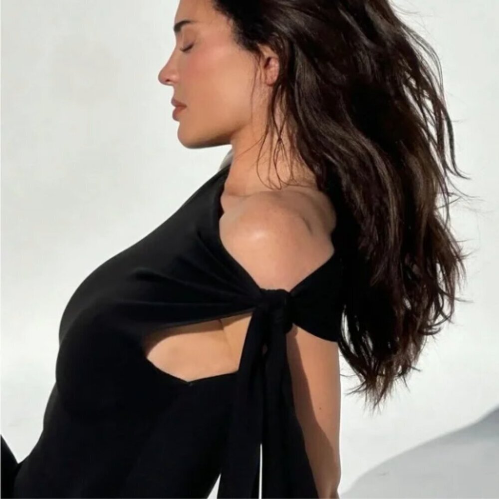 Khy Kylie Jenner Sueded Stretch Knotted Top Black Size XL 90s Chic Feminine